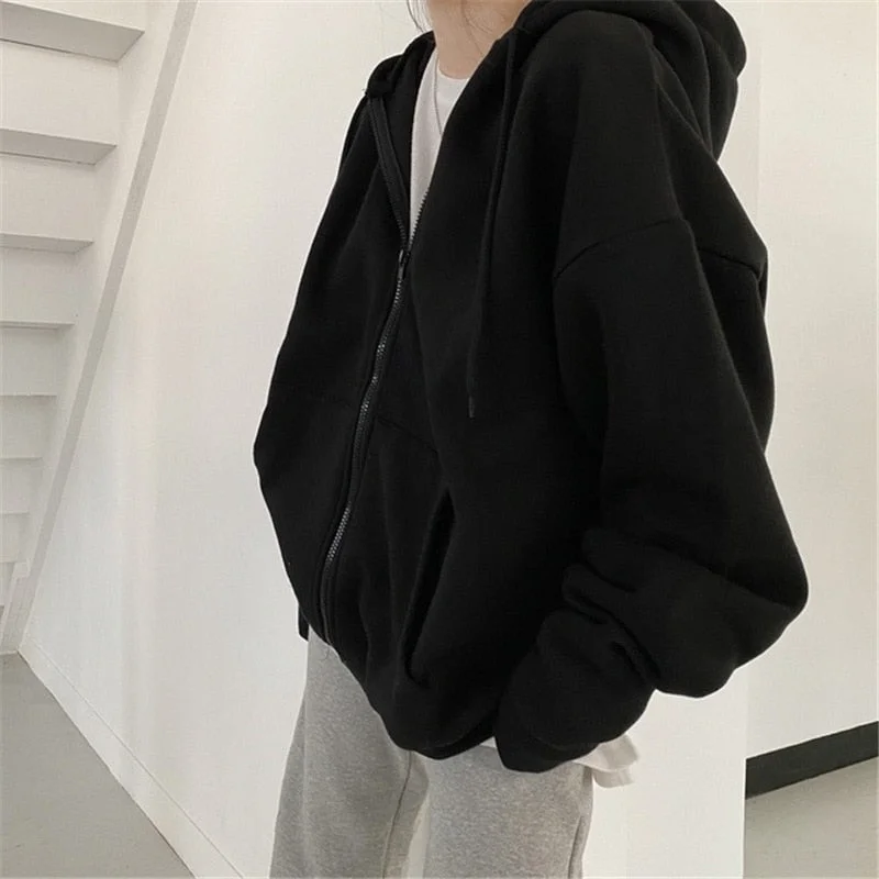 Uforever21 Women Harajuku Solid Color Hoodies Autumn Casual Long Sleeve Sweatshirts Coat Female Korean Version Zipper Pocket Hooded Jacket