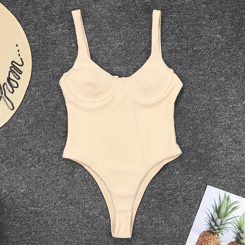 INGAGA Sexy Push Up Swimsuit One Piece Ribbed Swimwear Women 2022 New High Cut Bodysuit Women 2022 Solid Bathing Suits Beachwear