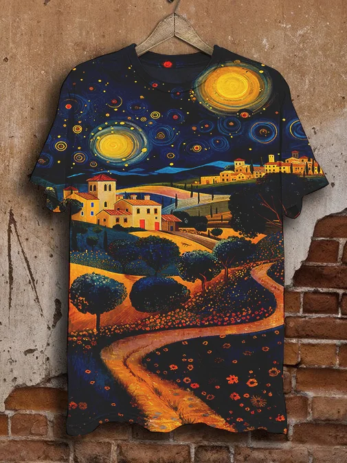 Men's Summer Night Illustration Print Casual T-Shirt