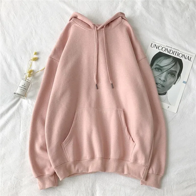 Solid Hoodies Women Autumn Long Sleeve Pocket Korean Oversized Hooded Sweatshirts Famale Casual Plus Velvet Hooded Pullovers Top