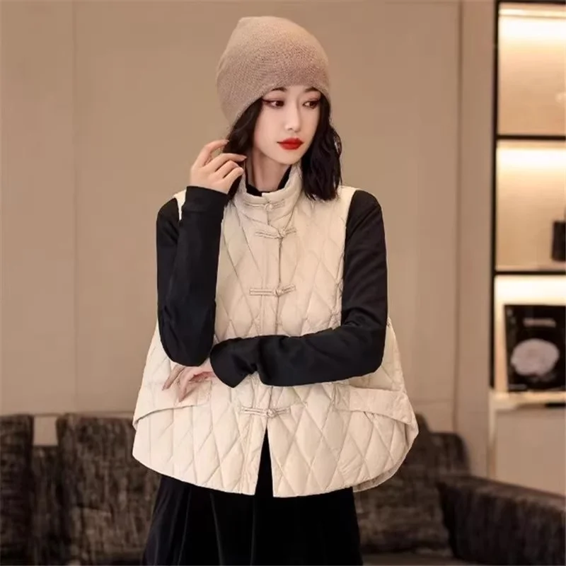 Woherb New Chinese Style Dish Buckle White Duck Down Down Vest Female Wear Winter New Fashion Diamond Large Size Vest Down Liner-Outfit Ideas