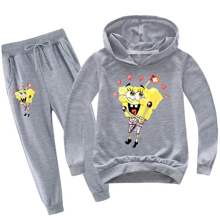 Girls Boys SpongeBob Printed Cotton Hoodie And Sweatpants Tracksuit-Mayoulove