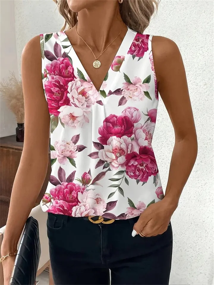 New Loose V-neck Casual Sleeveless Tank Top Printed Women's T-shirt