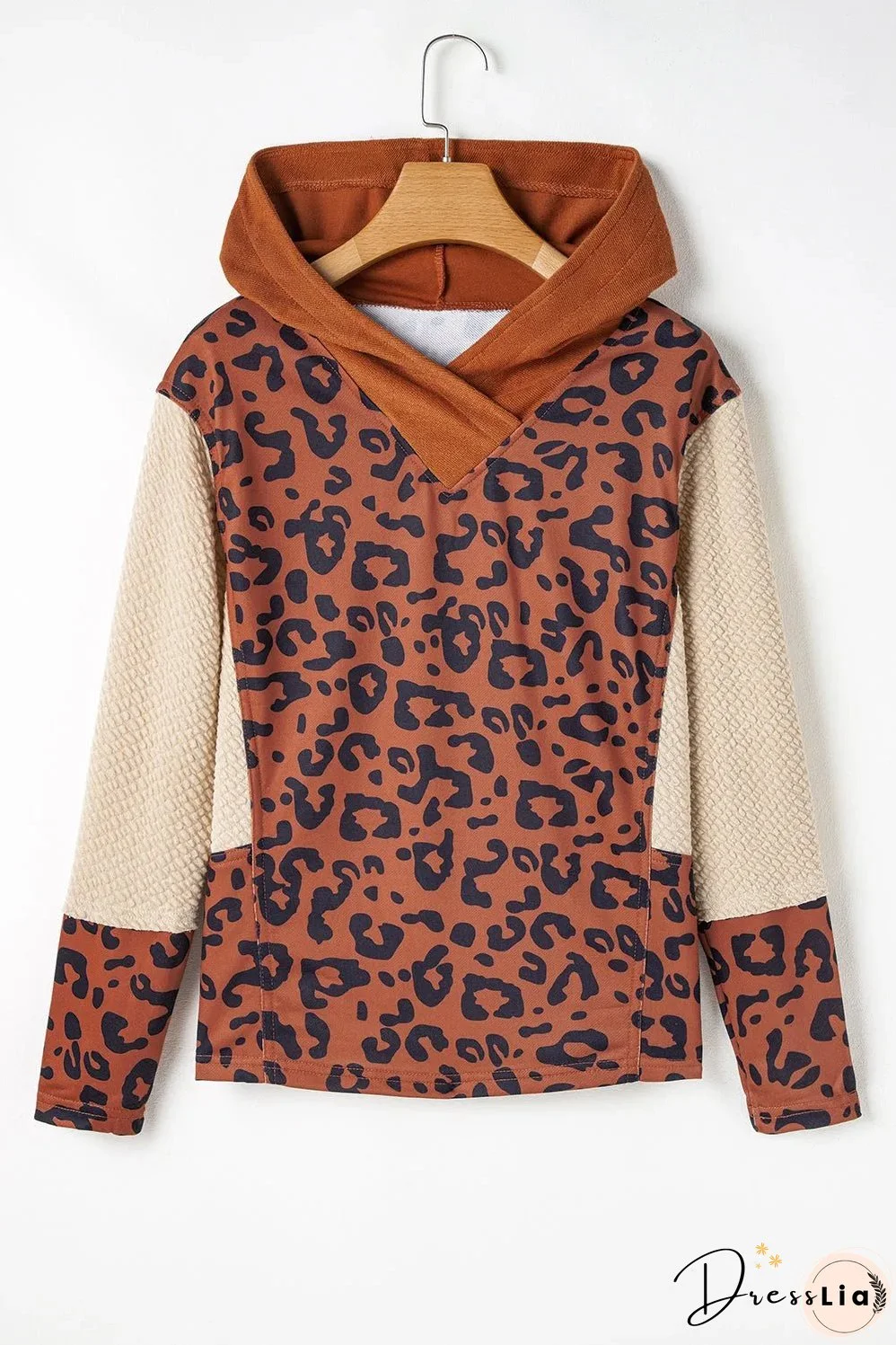 Brown Textured Knit Patchwork Leopard Hoodie