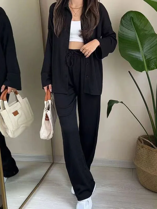 Solid Color Split-Side Lapel High-Low Buttoned Blouses Top+ High Waisted Elasticity Pants Two Pieces Set