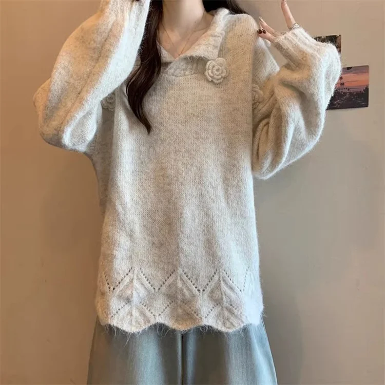 Athvotar Athvotar Gentle Wind Flower Design Set Sweater Women's Autumn And Winter New Lazy Wind Loose Knitted Shirt Top