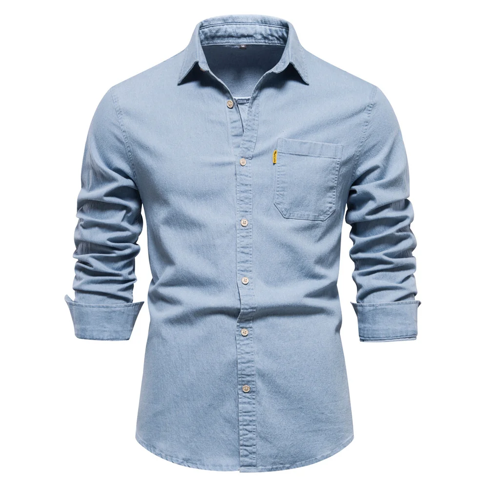 Men's Casual Solid Color Long-sleeved Denim Shirt