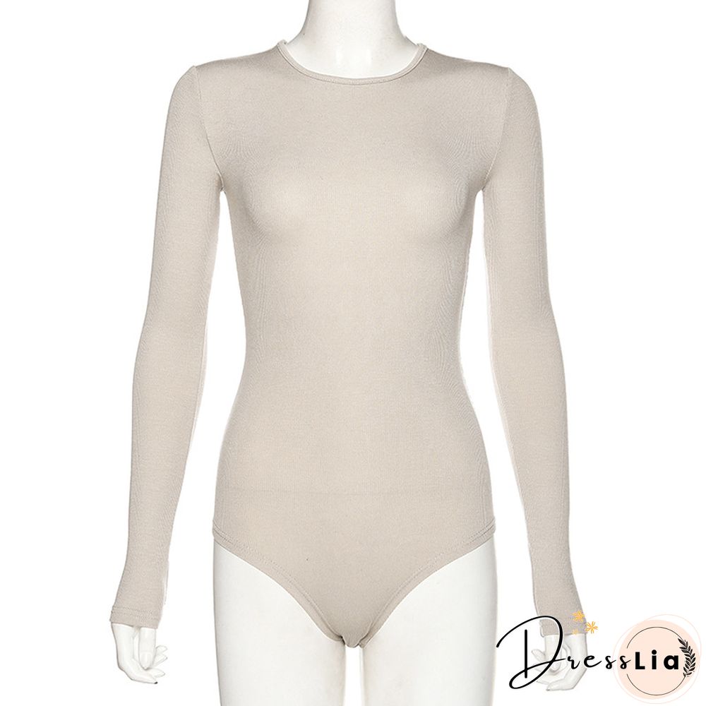Slim Ladies Sexy Bodysuit Solid Fashion Skinny Bodycon Women Bodysuit Long Sleeveles O-Neck Casual Black Beige Female Bodysuit