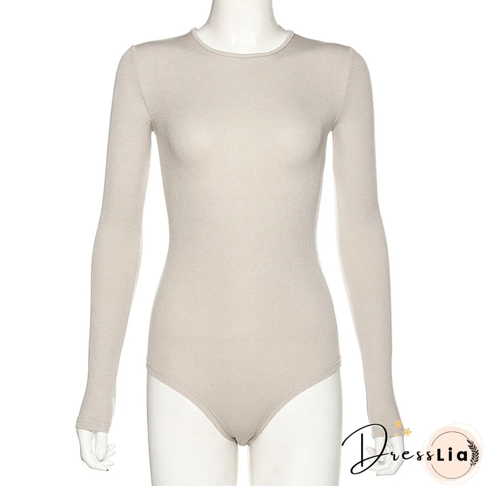 Slim Ladies Sexy Bodysuit Solid Fashion Skinny Bodycon Women Bodysuit Long Sleeveles O-Neck Casual Black Beige Female Bodysuit