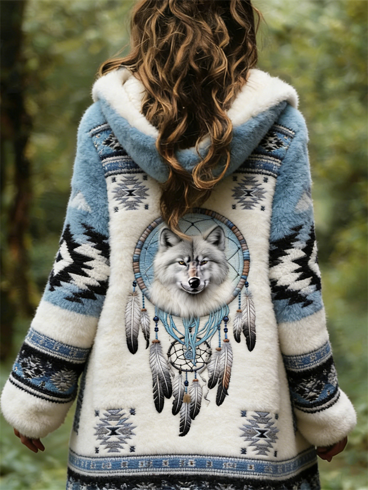 Wolf Dreamcatcher Western Aztec Contrast Cozy Plush Hooded Cardigan wearshes
