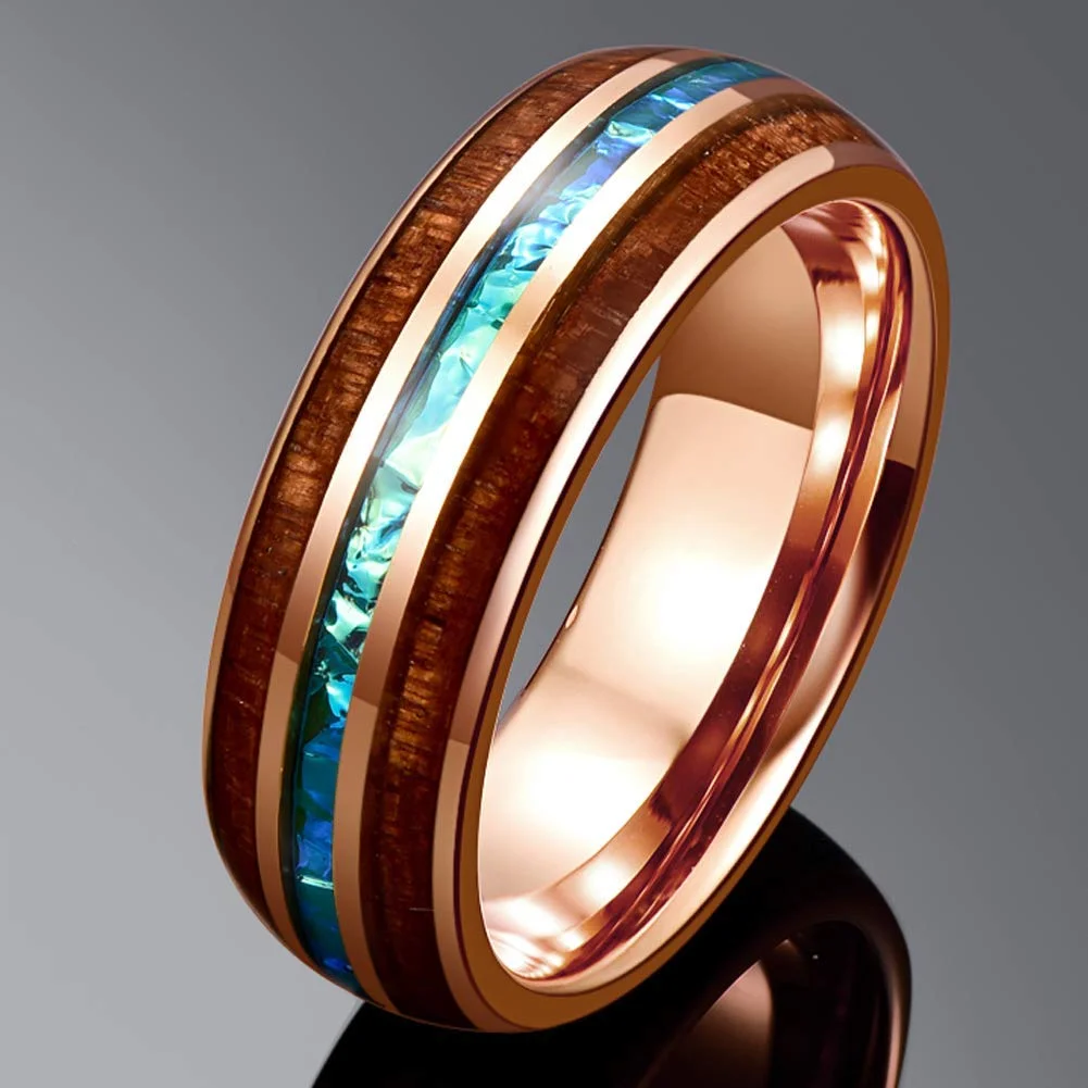6MM 8MM Hawaiian Koa Wood and Rose Gold+Abalone Shell Imitated Opal Inlay Tungsten Carbide Wedding Bands for Womens Mens Comfort Fit