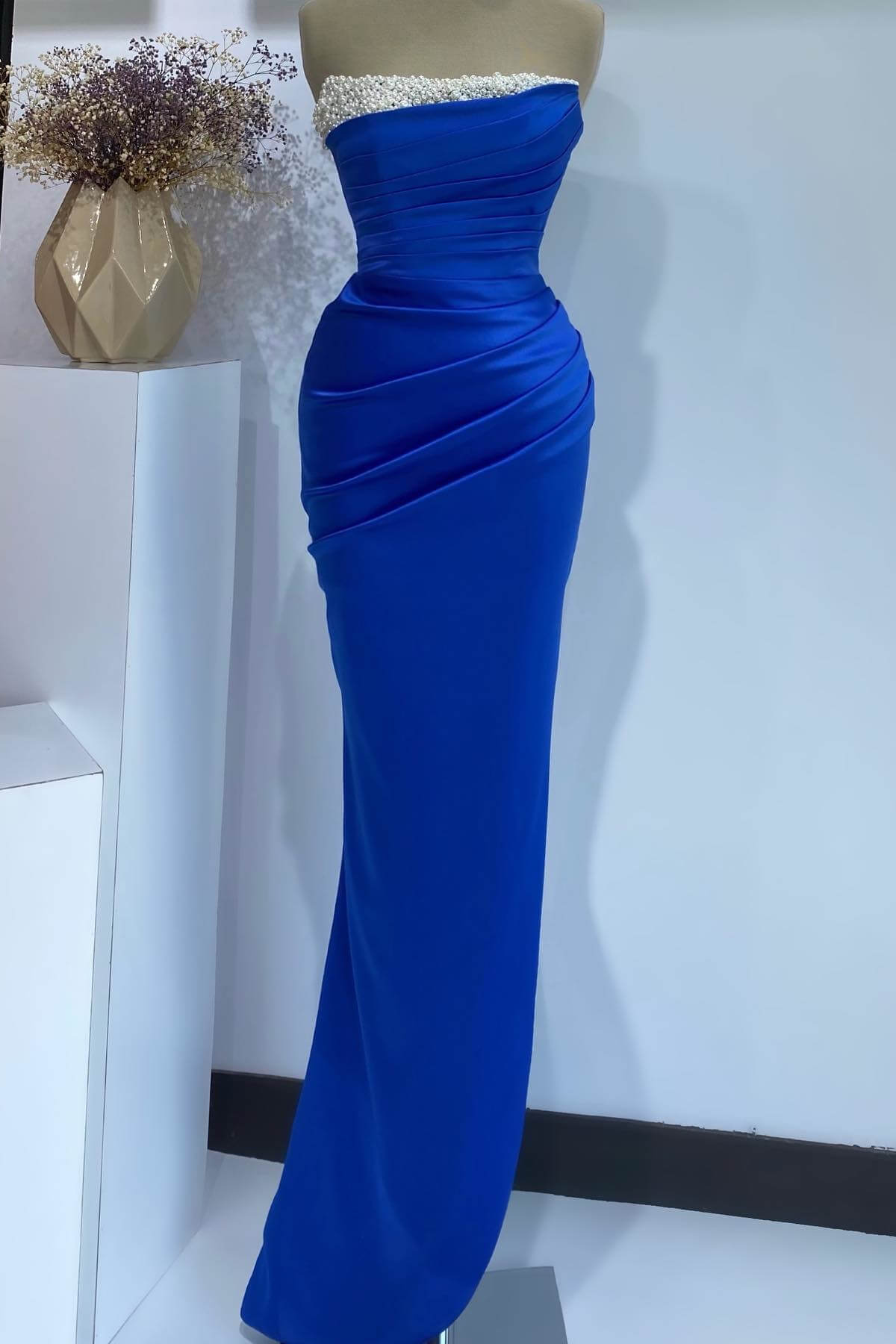 Chic Royal Blue Strapless Sleeveless Mermaid Evening Gown With Crystals Pleats - lulusllly