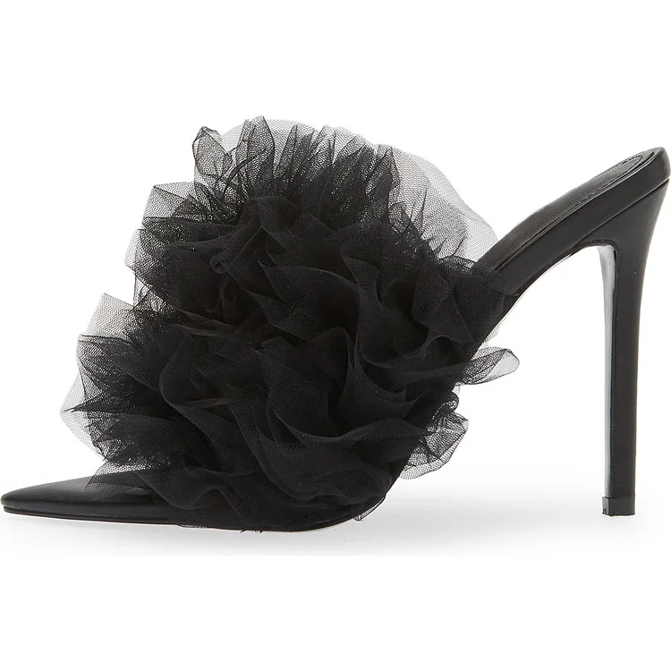 Black Pointed Toe Mules Sandals Elegant Tulle Stiletto Bridal Shoes |FSJ Shoes