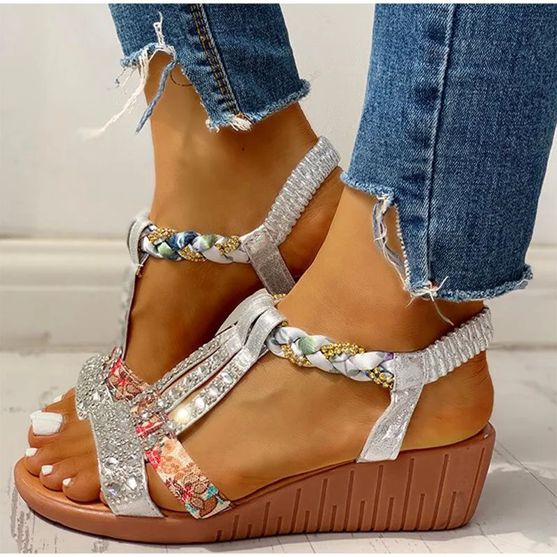 2021 Women's Sandals Summer Bohemia Platform Wedges Shoes Crystal Gladiator Rome Woman Beach Shoes Casual Elastic Band Female