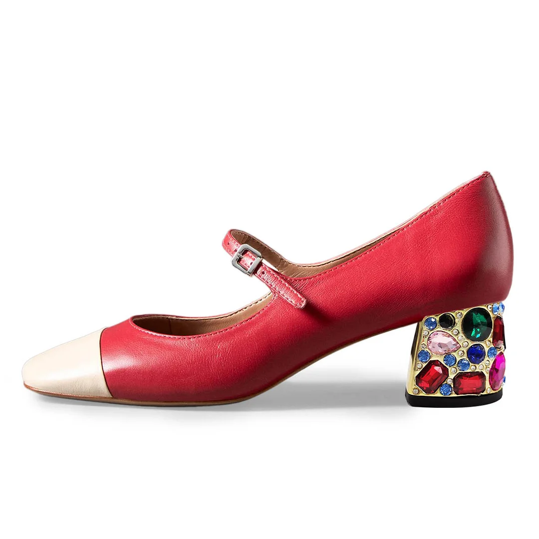 Vegan Leather Red Square Toe Strap Mary Janes with Decorative Heel