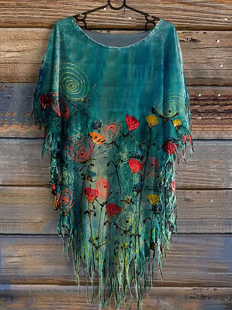 Women's Floral Pattern Art Print Batwing Tassel Fringe Cape Dresses