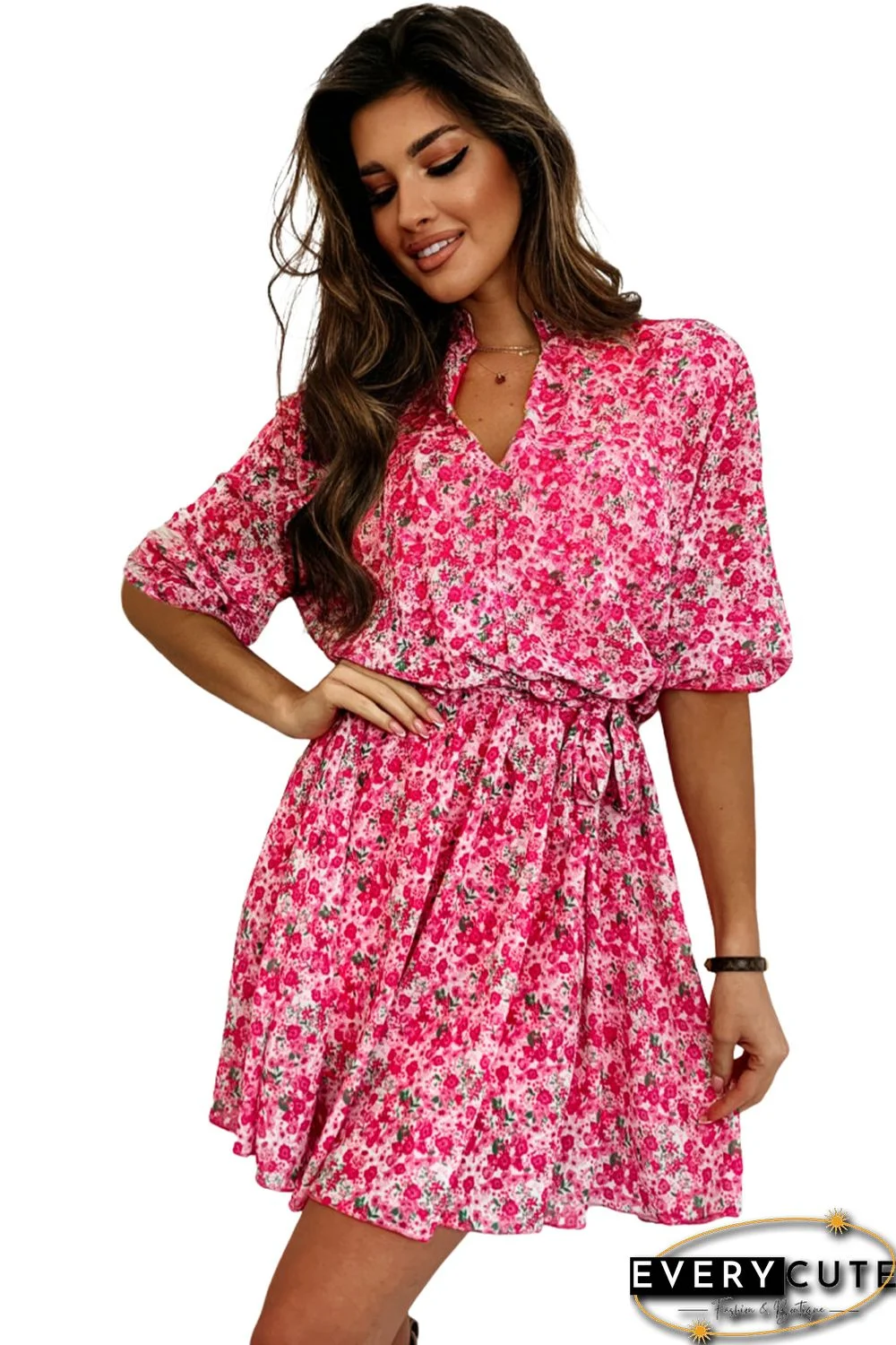 Rose Ditsy Floral Notch V Neck Belted Swing Dress