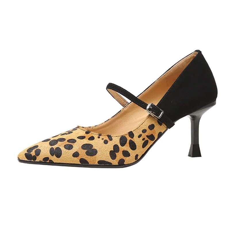 TAAFO Classic Leopard Women Kitten Heels Mary Jane Pumps Pointed Toe Dress Causal Office Shoes Zapato Mujer Size 34 39