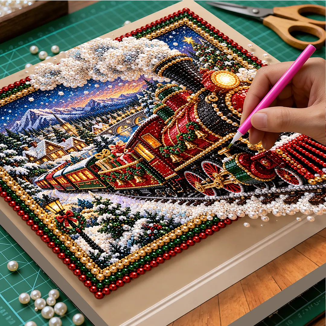 Framed Pearl Painting Kit Steam Train Christmas 11.81x11.81in