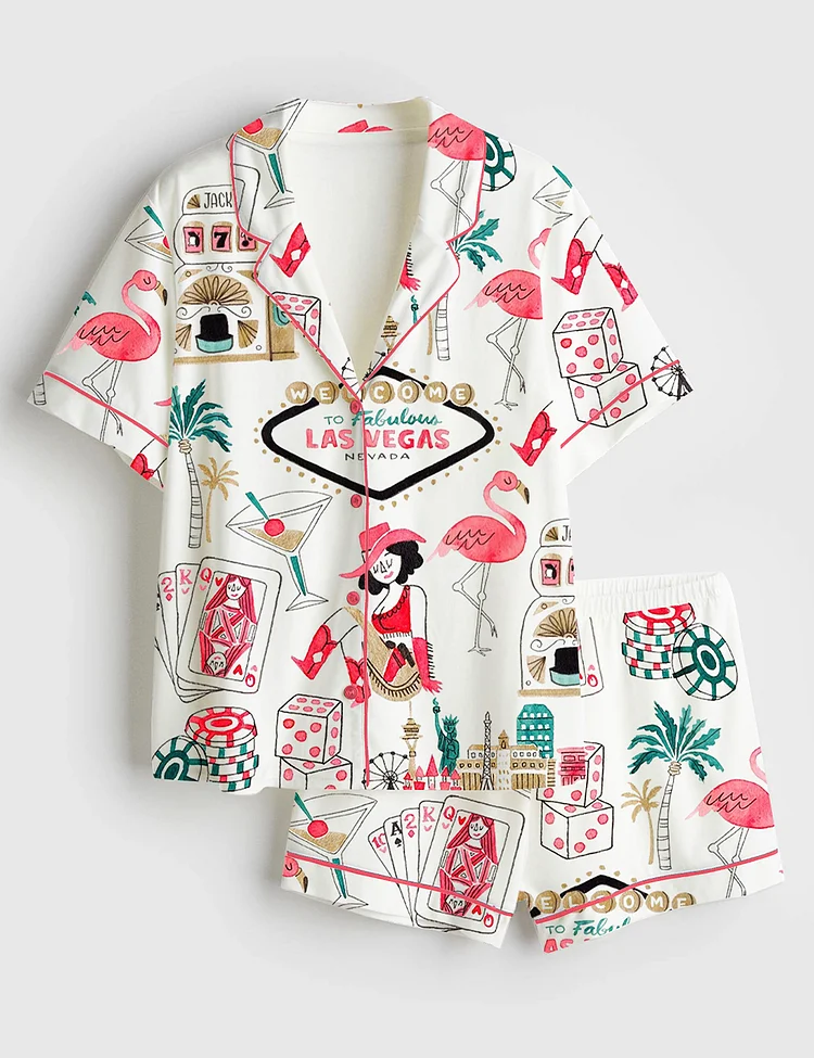Women&rsquo;s Las Vegas Watercolor Gambling Casino Nevada City Skyline Dice Slot Machine Print Short Sleeve Satin Pajama Set