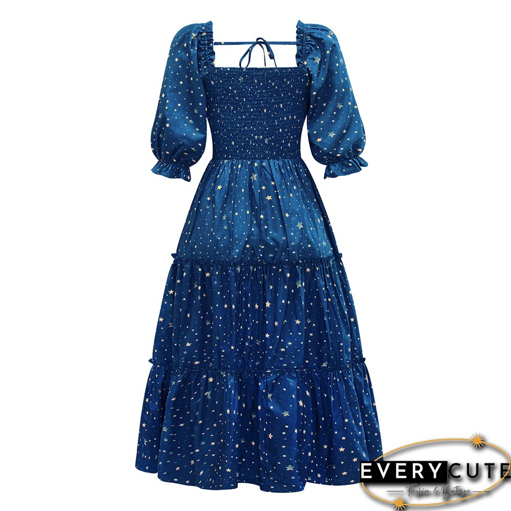 Navy Blue Square Collar Pleated 1/2 Sleeve Floral Dress