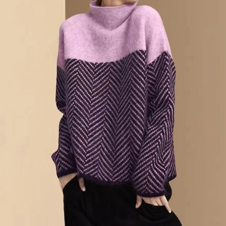 Vintage Turtleneck Contrasting Herringbone Jacquard Sweater