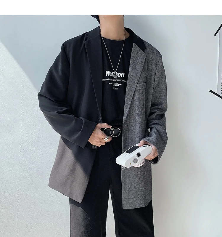 Woherb New Men's Blazer Spliced Oversized Suit Jacket Man Fashion Inspired Young Clothes Streetwear Patchwork Hip Hop Vintage Overshirt
