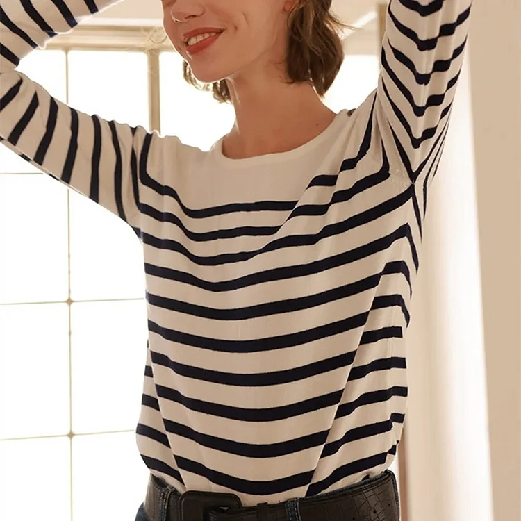 Dabasmedia Straight T-Shirts Women's Stripes Shoulder Buttons Long Sleeve Round Neck Casual Tshirt for Female