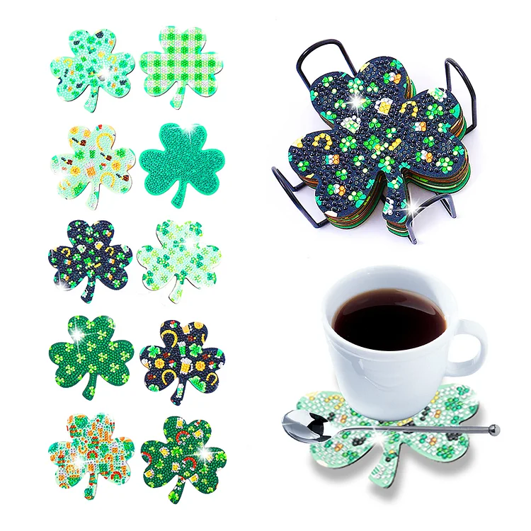 10pcs Cork Coasters Creative DIY Cup Coasters with Holder for Table Home Decor(Four Leaf Clover) gbfke