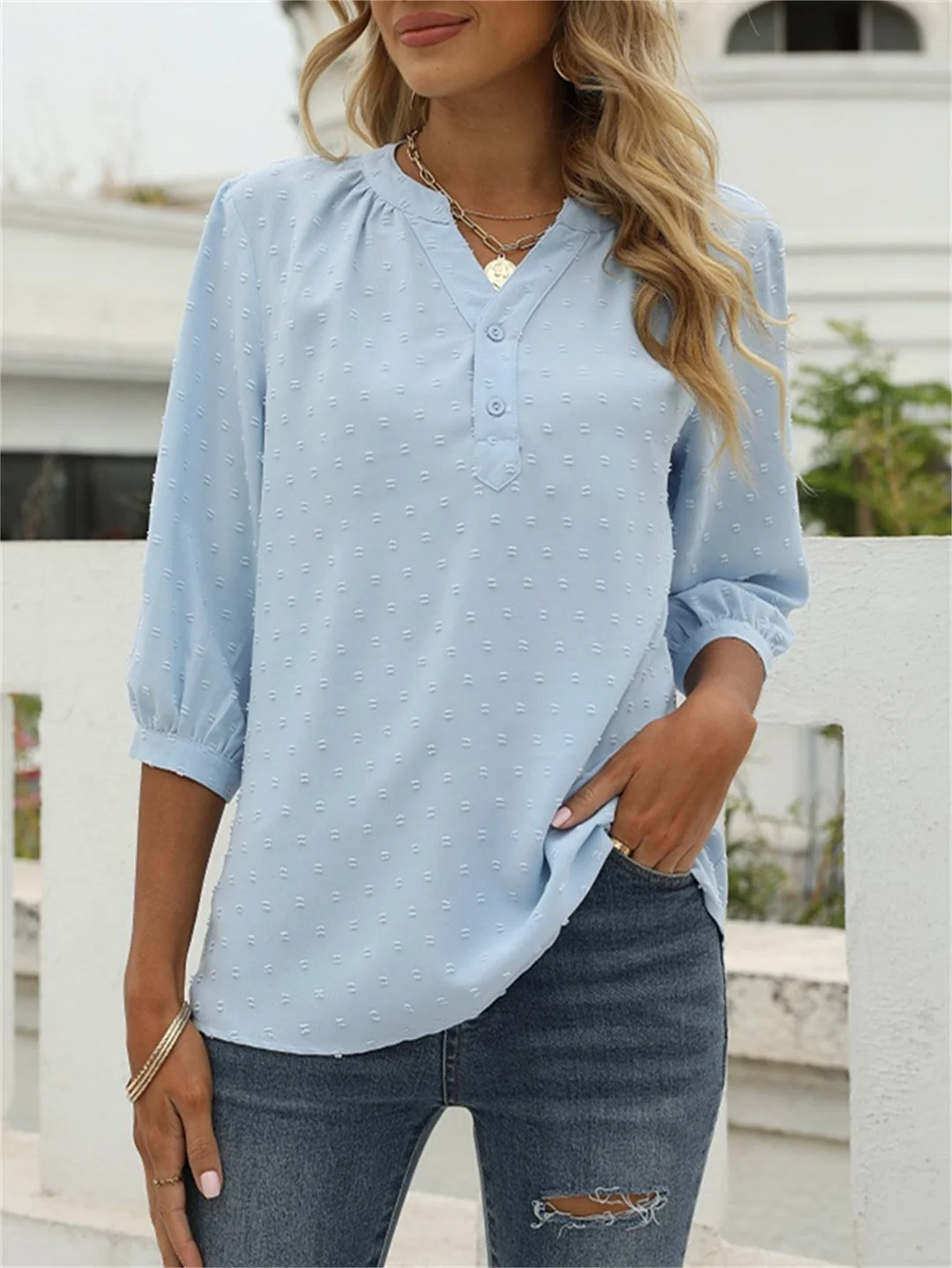 Women Half Sleeve V-neck Solid Color Buttons Tops