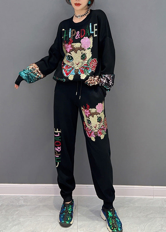 VCSHOES Loose Black O-Neck Little Cat Print Top And Beam PantsTwo Pieces Set Spring
