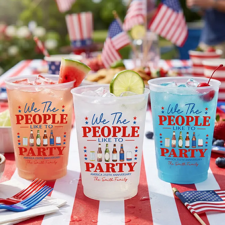 We The People Like To Party Personalized Frosted Cups &ndash; Custom Family Name Party Cups for 4th of July & 250th Anniversary
