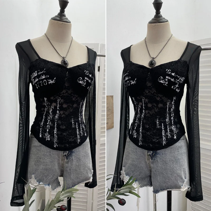 Nigikala Nigikala Shot With Chest Pad Hottie Letter-Print Lace Splicing Mesh T-Shirt T-Shirt 6231