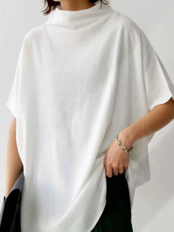 Asymmetric Buttoned Solid Stand Collar Casual Tee