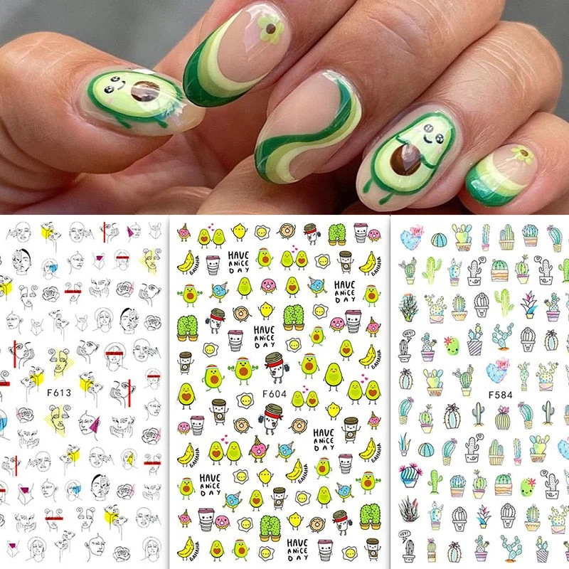 1PC 3D Nail Stickers Kiwi Avocado Lemon Banana Fruits Self-Adhesive Slider Nail Art Decorations Decals Manicure Accessories-Nail Inspo