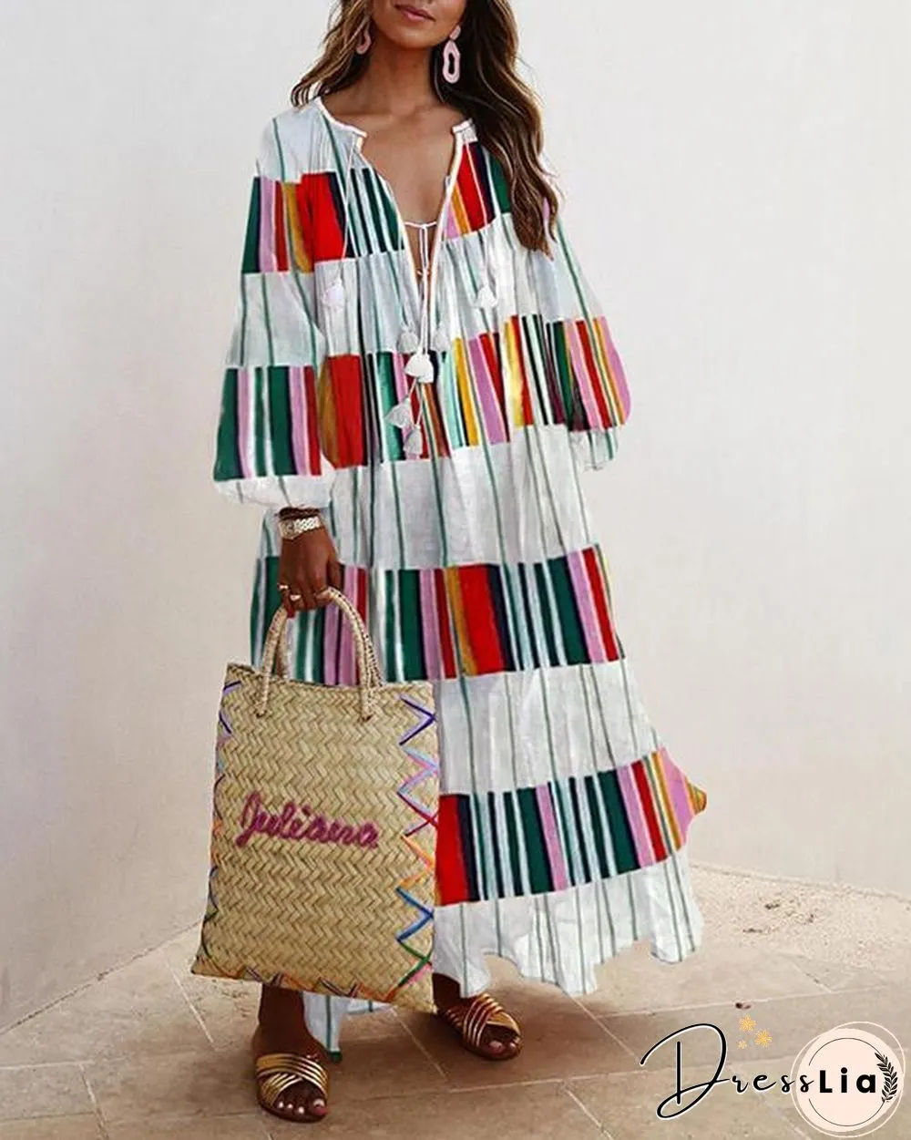 Plus Size Dress Balloon Sleeves Boho Printed Maxi Dresses
