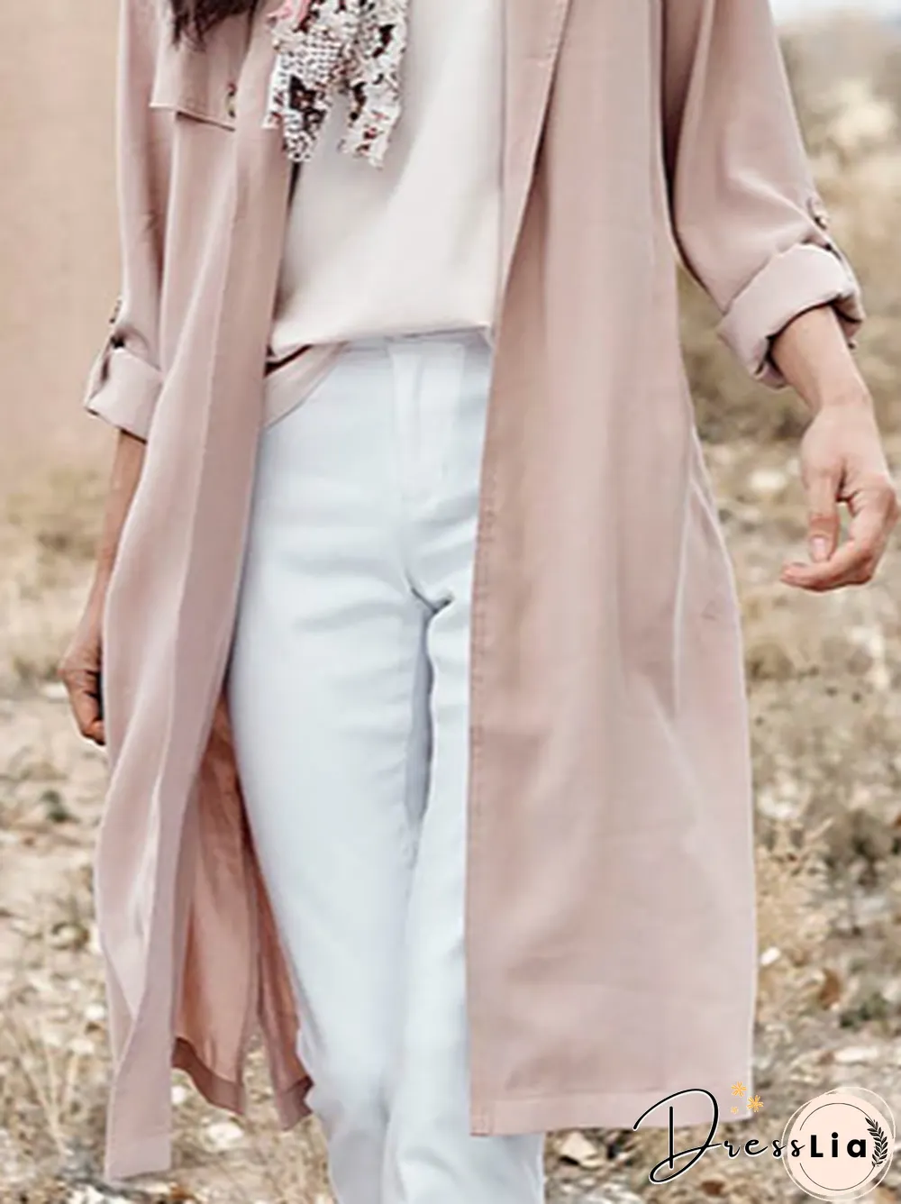 Women Casual Plain Autumn Polyester Micro-Elasticity Standard Lapel Collar Mid-long H-Line