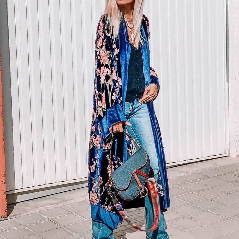 Casual Loose Printed Mid-Length Velvet Duster