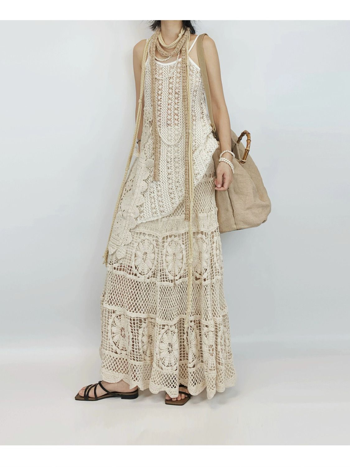 Bohemian Heavy Industry Hook Flower Lace Slimming Long Skirt for Women Summer Korean Gentle Style Retro French Vintage Skirt