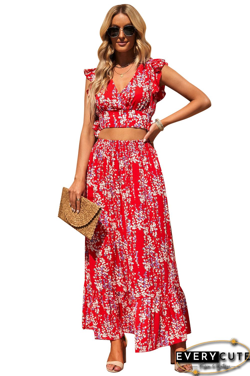 Red Multicolor Floral Ruffled Crop Top and Maxi Skirt Set