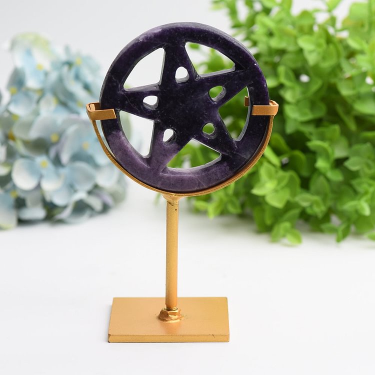 Crystal Pentagram Plate Carving with Metal Stand