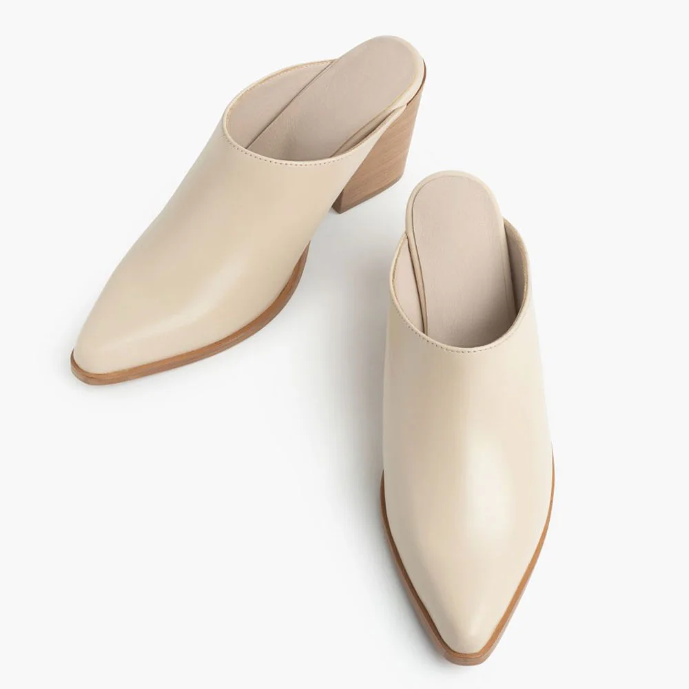 Beige Vegan Leather Slip-On Pointed Toe Chunky Heel Mules for Women