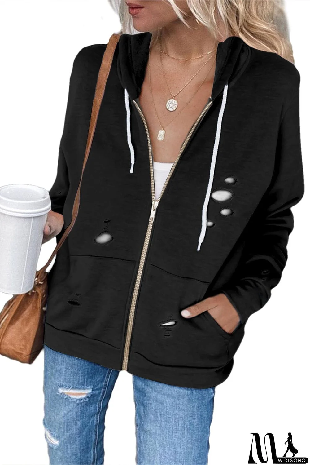 MidiSono - Ripped Zipper Pocket Hoodie