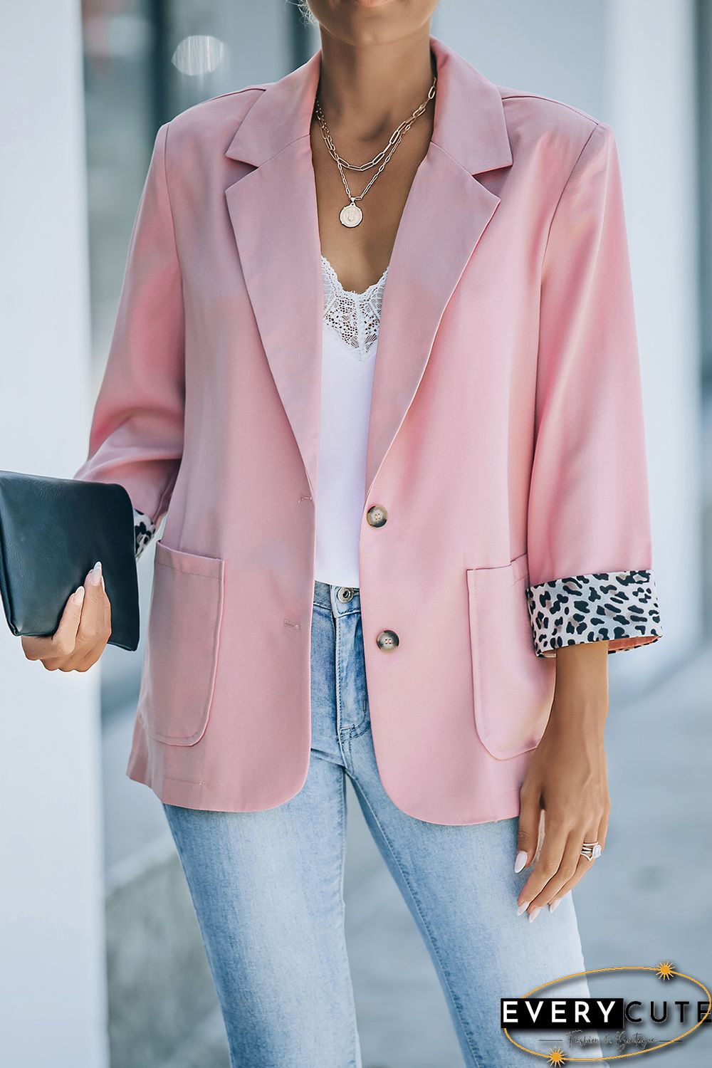 Pink Leopard lined Lapel Collar Blazer
