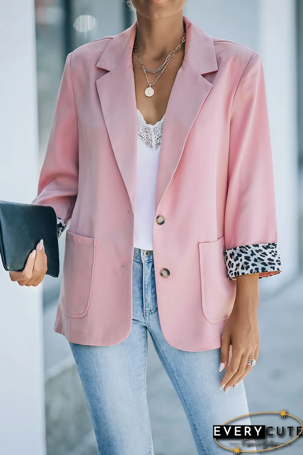 Pink Leopard lined Lapel Collar Blazer