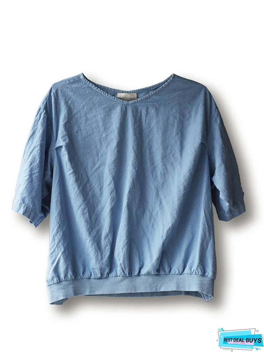 Women Summer Casual Solid Loose Cotton V-Neck Shirt