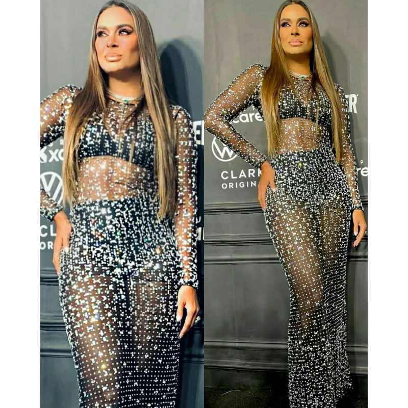 Ootddress Glitter Female Cover up Maxi Dress Mesh See-Through Split Fashion Long Sleeve Slim Sexy Beach Cover up Dress For Women New