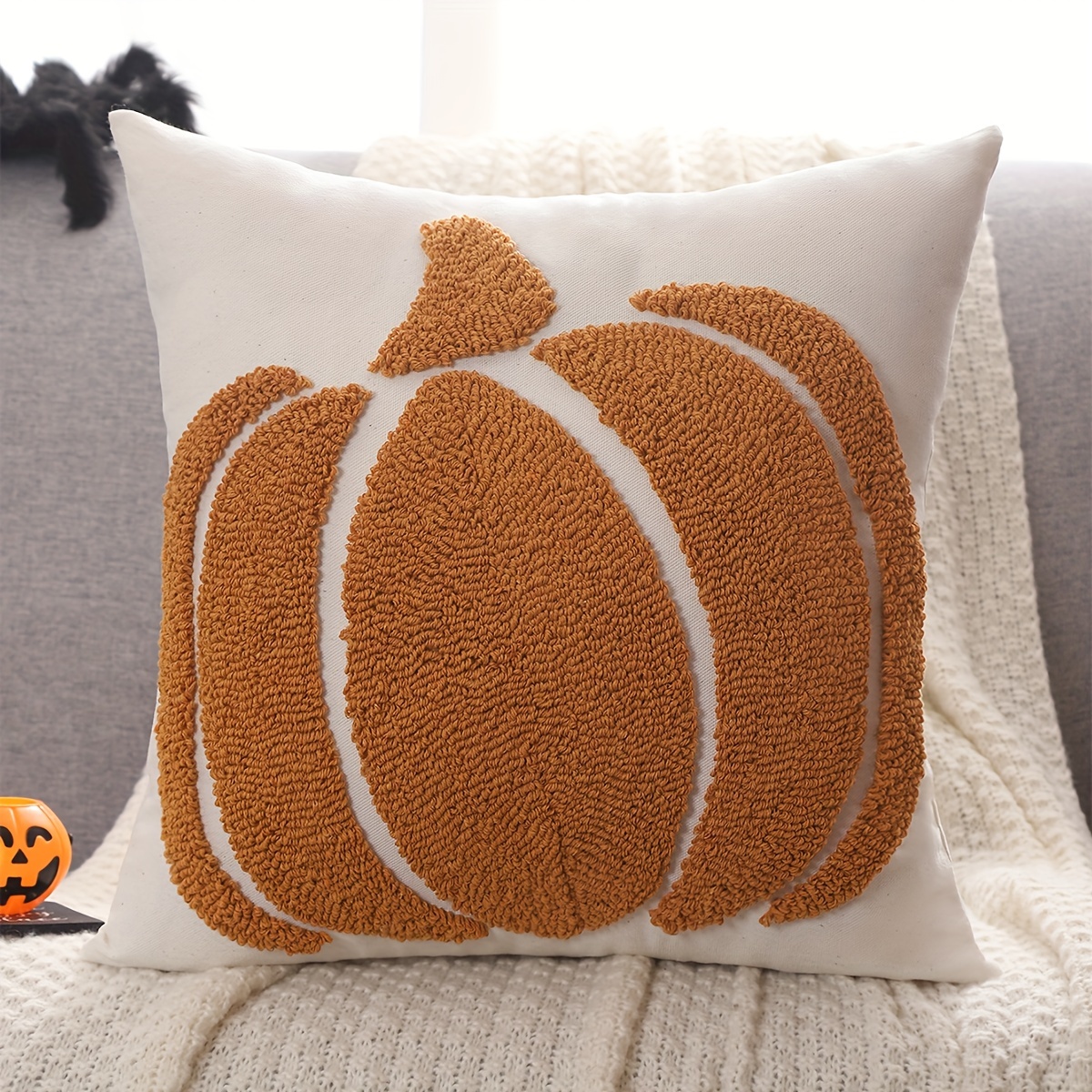 Halloween Pumpkin Throw Pillow Cover in Cream - Geometric Design, Zip Closure, Hand Washable Cotton Blend Cushion Case for Sofa & Bedroom Decor