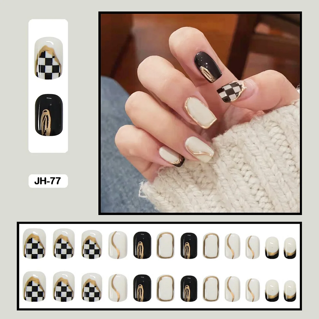 24pcs/box Classic Checkerboard Pattern Geometric Simplicity Nail Art Short False Nails With Glue Fake Nails With Wearing Tools-Nail Inspo