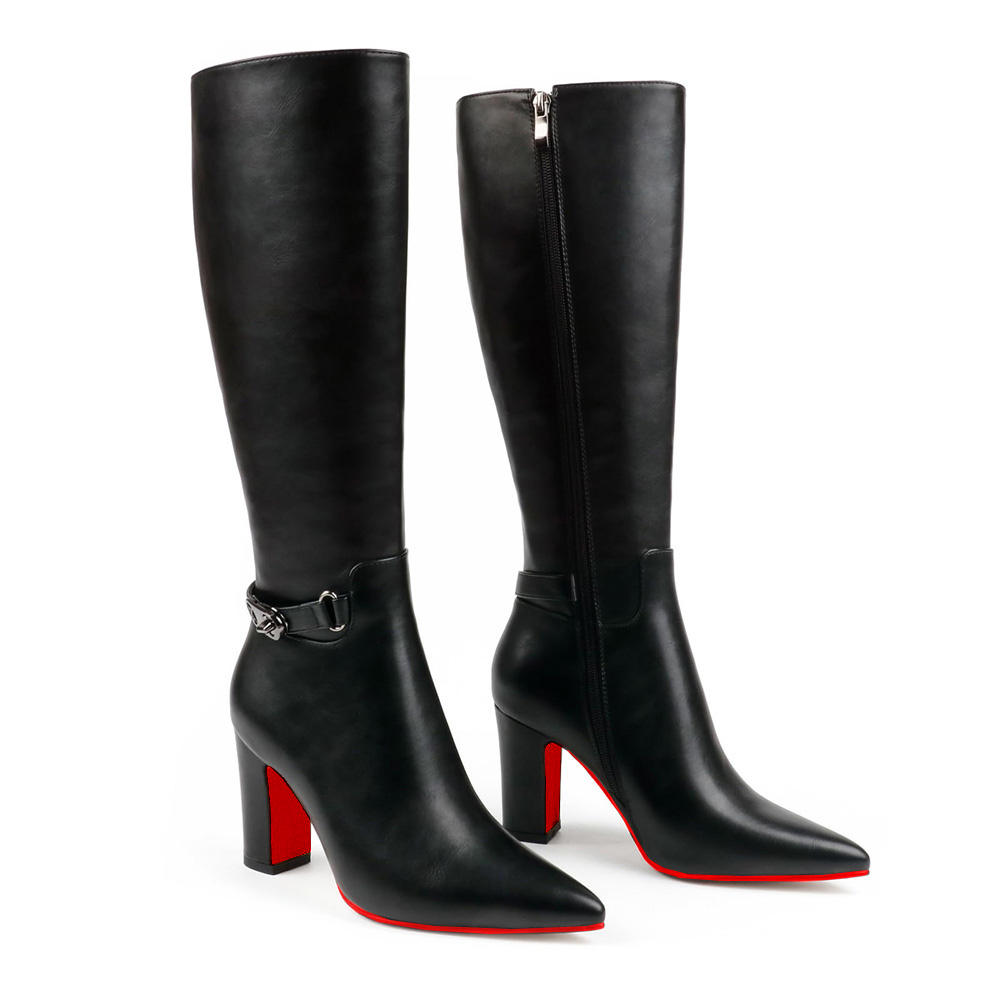 3.35" Women's Knee Red Bottom Boots Block Chunky Heels Zipper Fashion Sexy Boot-MERUMOTE